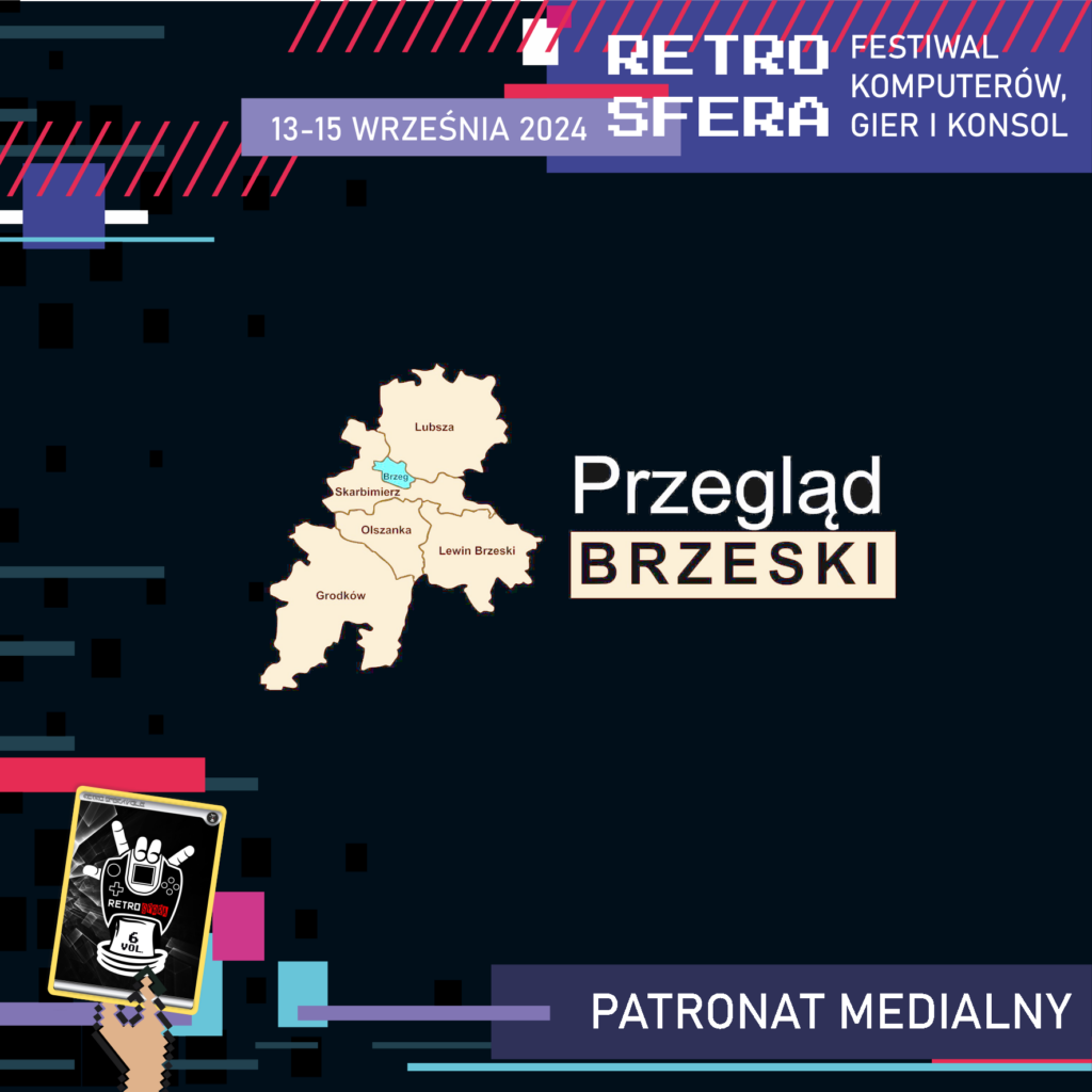 Jest to plansza promująca Festiwal Komputerów, Gier i Konsol - RetroSfera, który odbędzie się w dniach 13-15 września 2024 roku. Reklamuje on patrona medialnego - Przegląd Brzeski, którego logo znajduje się w centralnym miejscu na ciemnym tle.