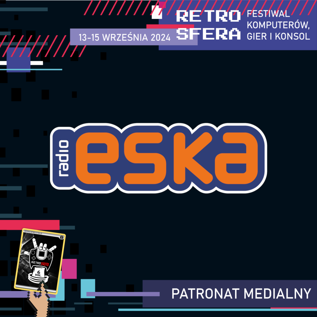 Jest to plansza promująca Festiwal Komputerów, Gier i Konsol - RetroSfera, który odbędzie się w dniach 13-15 września 2024 roku. Reklamuje on patrona medialnego - Radio Eska, którego logo znajduje się w centralnym miejscu na ciemnym tle.