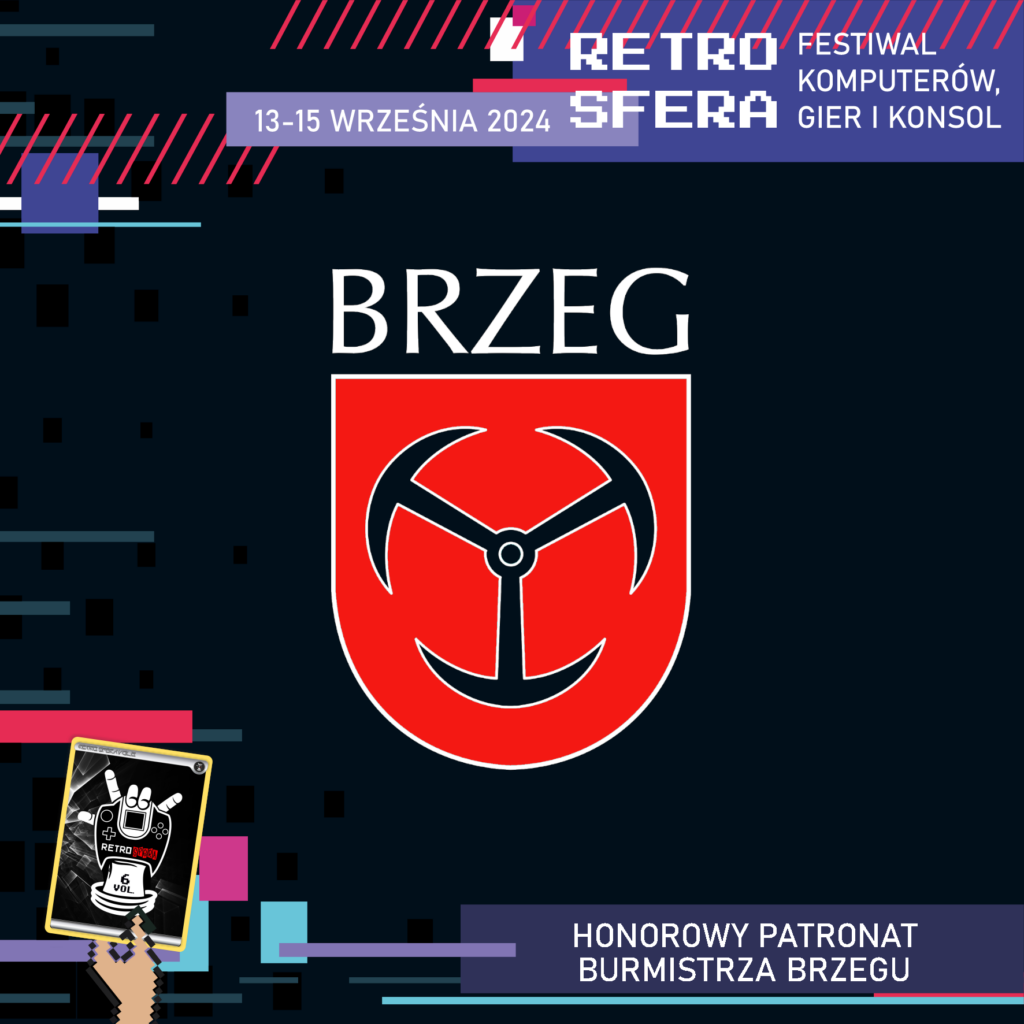 Jest to plansza promująca Festiwal Komputerów, Gier i Konsol - RetroSfera, który odbędzie się w dniach 13-15 września 2024 roku. Reklamuje on Patrona Honorowego - Burmistrz Brzegu, którego logo znajduje się w centralnym miejscu na czarnym tle.