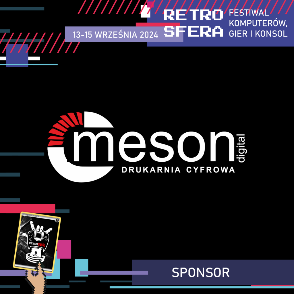 Jest to plansza promująca Festiwal Komputerów, Gier i Konsol - RetroSfera, który odbędzie się w dniach 13-15 września 2024 roku. Reklamuje ona sponsora - firmę Meson Digital - Drukarnia Cyfrowa, której logo znajduje się w centralnym miejscu na czarnym tle.