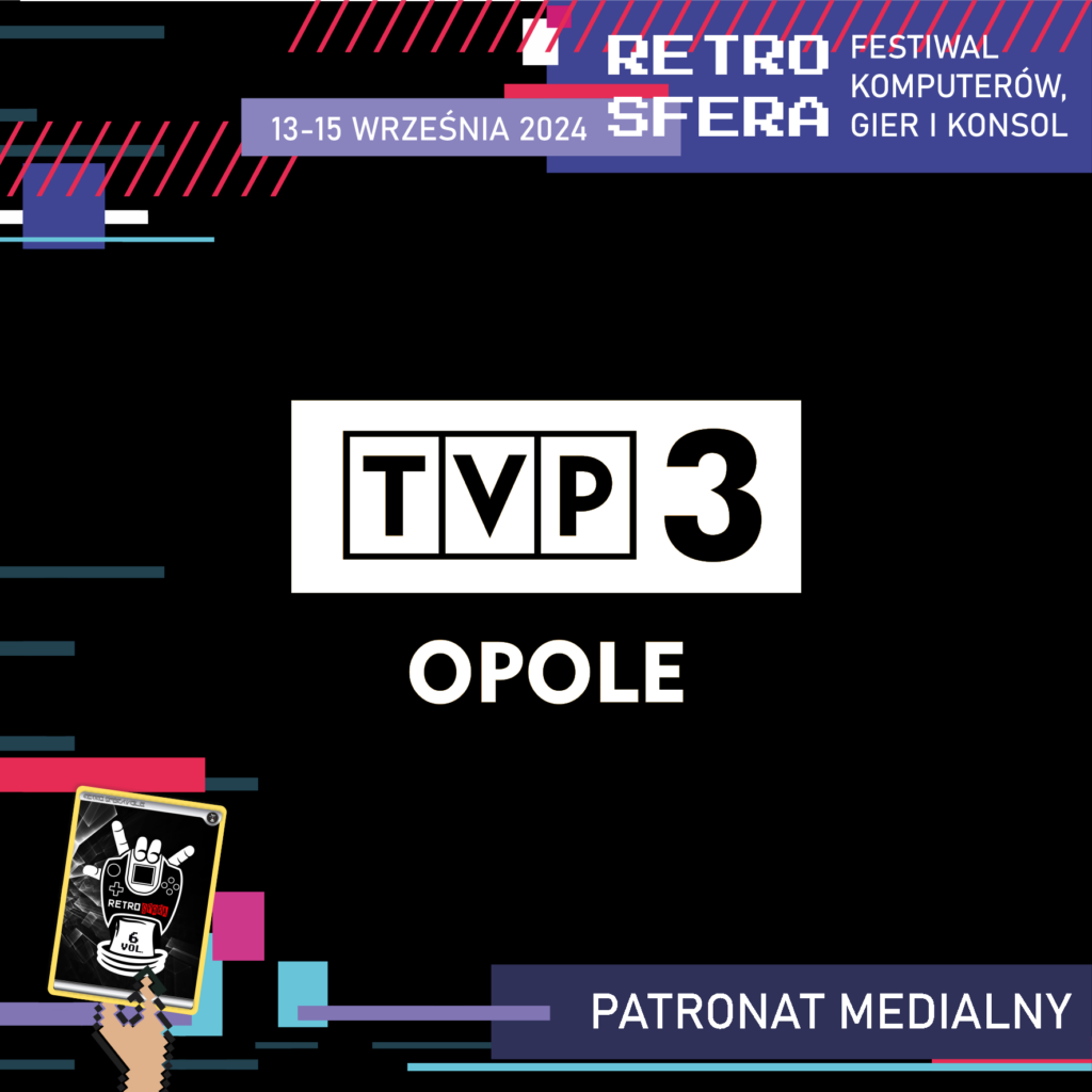 Jest to plansza promująca Festiwal Komputerów, Gier i Konsol - RetroSfera, który odbędzie się w dniach 13-15 września 2024 roku. Reklamuje ona patrona medialnego - TVP3 Opole, którego logo znajduje się w centralnym miejscu na czarnym tle.