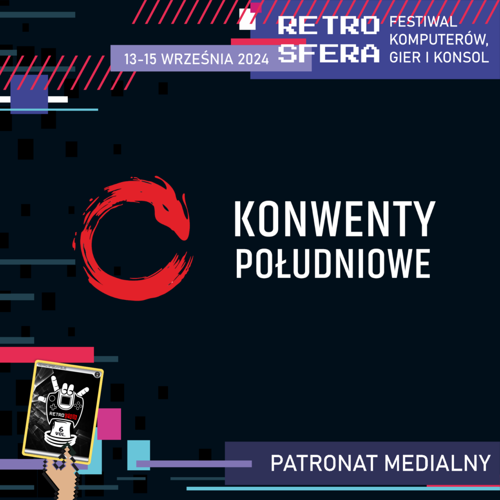 Jest to plansza promująca Festiwal Komputerów, Gier i Konsol - RetroSfera, który odbędzie się w dniach 13-15 września 2024 roku. Reklamuje ona patrona medialnego - Konwenty Południowe, którego logo znajduje się w centralnym miejscu na ciemnym tle.