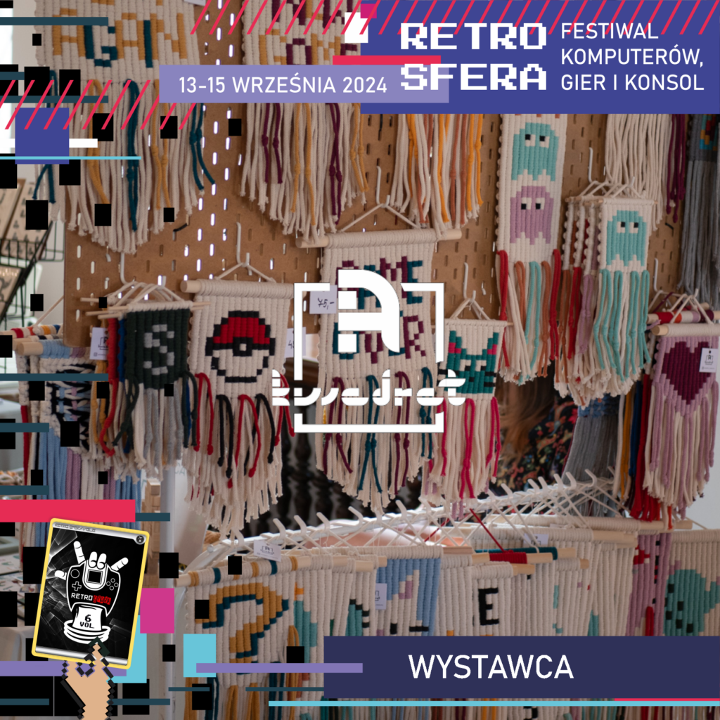 Jest to plansza promująca Festiwal Komputerów, Gier i Konsol - RetroSfera, który odbędzie się w dniach 13-15 września 2024 roku. Reklamuje ona wystawcę - A KWADRAT, którego logo znajduje się w centralnym miejscu na ciemnym tle.