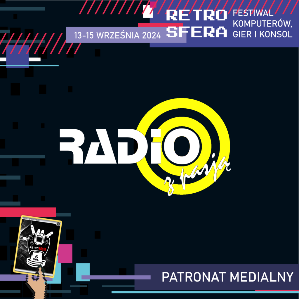 Jest to plansza promująca Festiwal Komputerów, Gier i Konsol - RetroSfera, który odbędzie się w dniach 13-15 września 2024 roku. Reklamuje ona patrona medialnego - Radio z Pasją, którego logo znajduje się w centralnym miejscu na ciemnym tle.