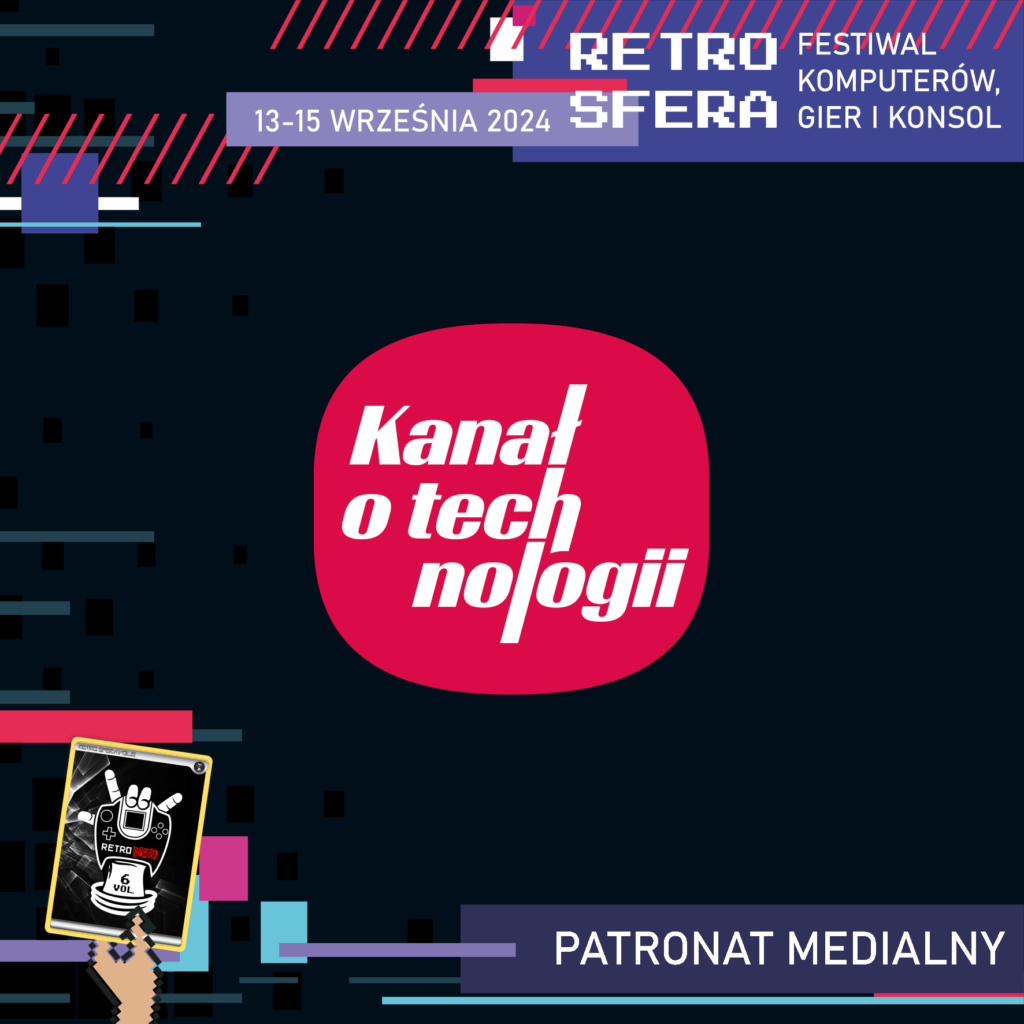 Jest to plansza promująca Festiwal Komputerów, Gier i Konsol - RetroSfera, który odbędzie się w dniach 13-15 września 2024 roku. Reklamuje ona patrona medialnego - Kanał o technologii, którego logo znajduje się w centralnym miejscu na ciemnym tle.