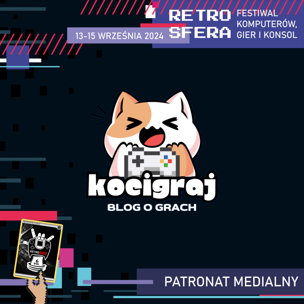 Jest to plansza promująca Festiwal Komputerów, Gier i Konsol - RetroSfera, który odbędzie się w dniach 13-15 września 2024 roku. Reklamuje ona patrona medialnego - Kocigraj - blog o grach, którego logo znajduje się w centralnym miejscu na ciemnym tle.
