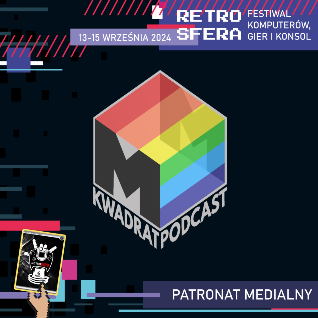 Jest to plansza promująca Festiwal Komputerów, Gier i Konsol - RetroSfera, który odbędzie się w dniach 13-15 września 2024 roku. Reklamuje ona patrona medialnego - MKwadrat Podcast, którego logo znajduje się w centralnym miejscu na ciemnym tle.
