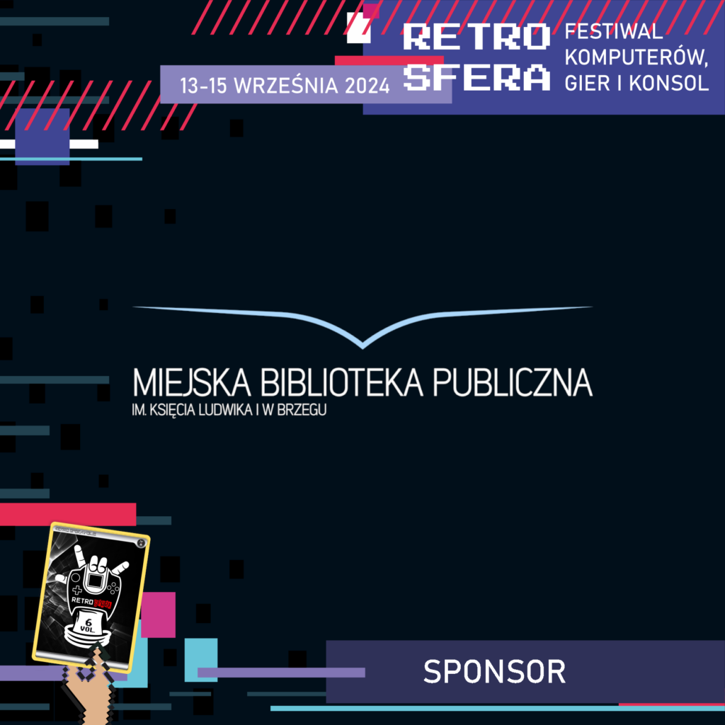 Jest to plansza promująca Festiwal Komputerów, Gier i Konsol - RetroSfera, który odbędzie się w dniach 13-15 września 2024 roku. Reklamuje ona sponsora - Miejska Biblioteka Publiczna im. Księcia Ludwika I w Brzegu, którego logo znajduje się w centralnym miejscu na ciemnym tle.