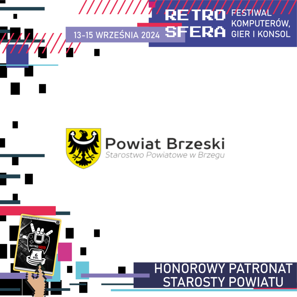 Jest to plansza promująca Festiwal Komputerów, Gier i Konsol - RetroSfera, który odbędzie się w dniach 13-15 września 2024 roku. Reklamuje ona patrona honorowego - Starostę Powiatu Brzeskiego, którego logo znajduje się w centralnym miejscu na jasnym tle.