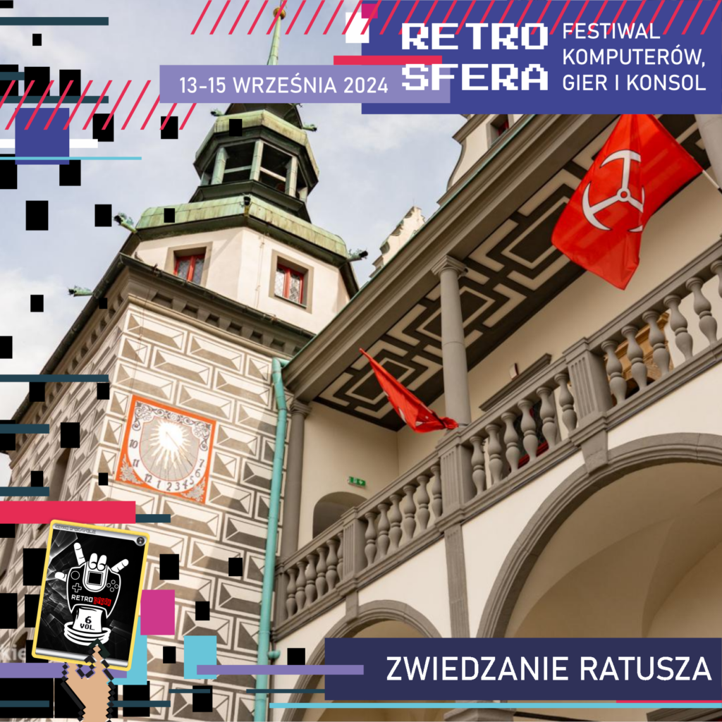 Jest to plansza promująca Festiwal Komputerów, Gier i Konsol - RetroSfera, który odbędzie się w dniach 13-15 września 2024 roku. Reklamuje wydarzenie - zwiedzanie Ratusza, które odbędzie się jako dodatkowa atrakcja podczas Festiwalu RetroSfera.